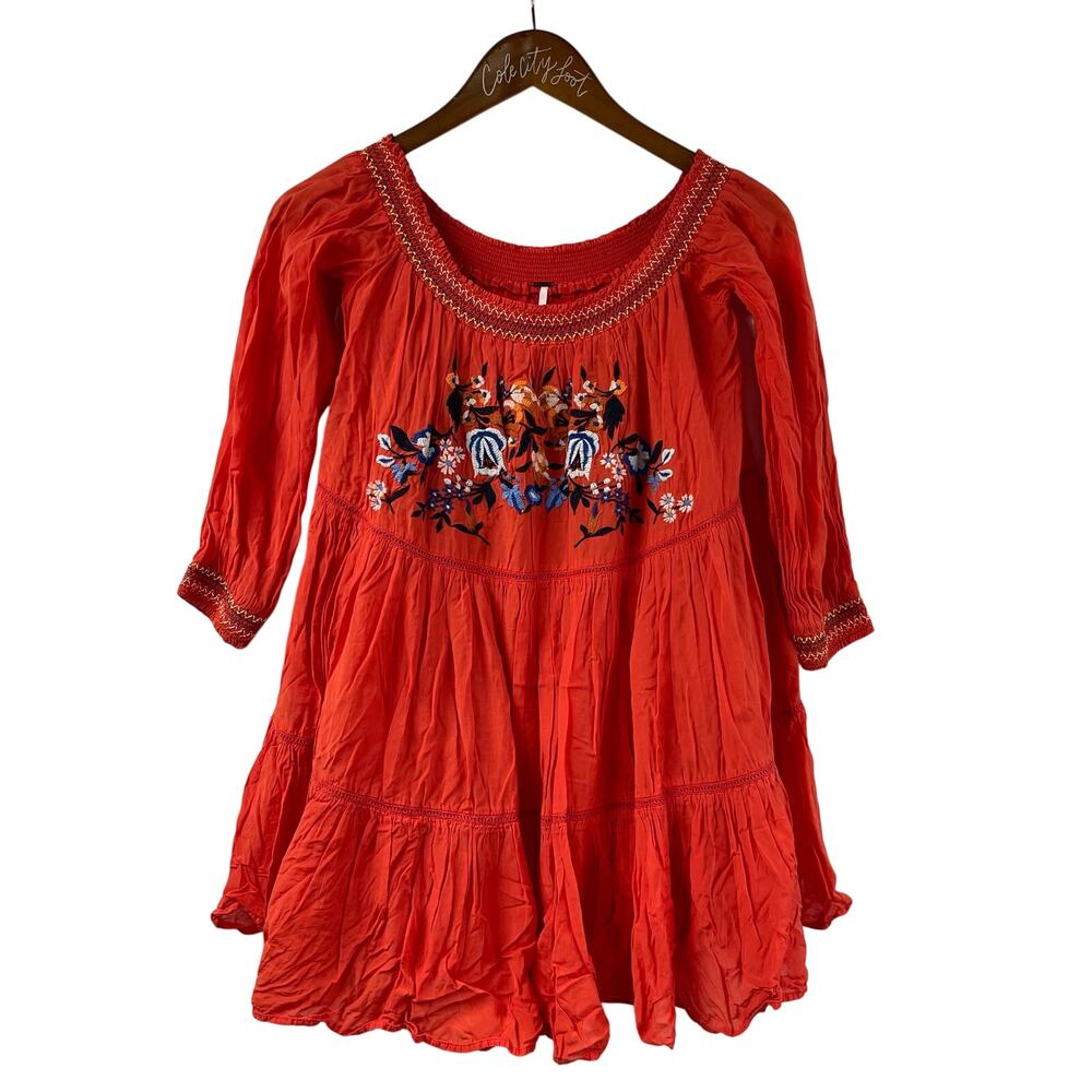 Free People Sunbeams Mini Dress S Embroidered Floral Peasant Red Bohemian